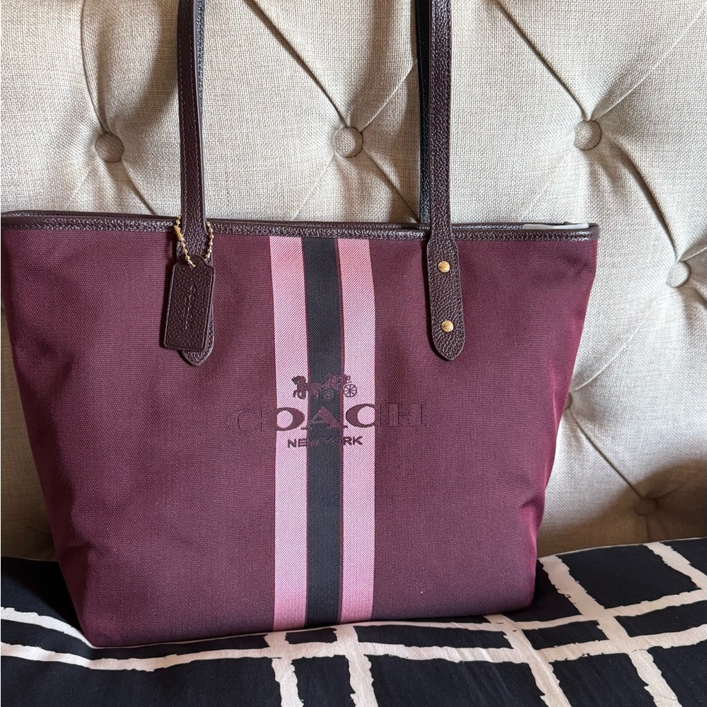 Coach Burgundy Tote with Pink and Black Center Stripes
